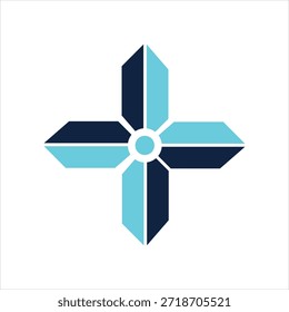 Ein stilisiertes, vierzackiges geometrisches Design, das einem Kreuz oder Stern ähnelt, das aus abwechselnd blauem Marineblau und hellen Teesegmenten besteht, die sich auf einem kleinen zentralen Kreis treffen. Das Design ist sauber, symmetrisch und