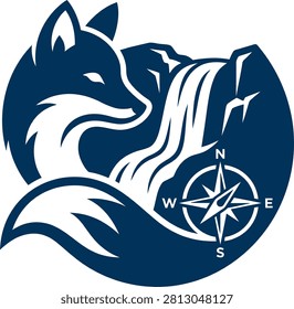 A stylized fox beside a waterfall with a compass, symbolizing adventure and nature exploration