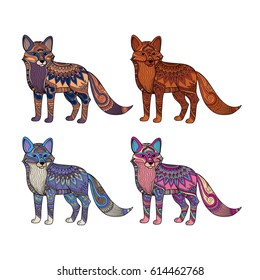 stylized fox in doodles. Pattern style zentangle. Colored hand drawn tangled illustration.