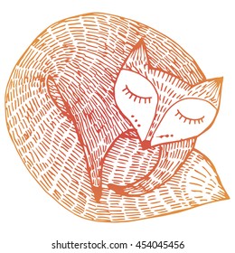 Stylized fox. Forest animals. Cute fox. Line art. Black and white drawing by hand. Graphic arts. Tattoo. Doodle.