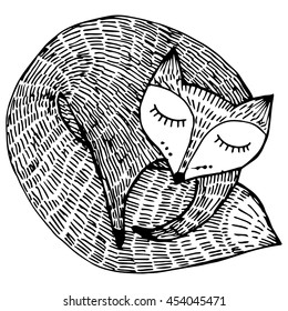 Stylized fox. Forest animals. Cute fox. Line art. Black and white drawing by hand. Graphic arts. Tattoo.