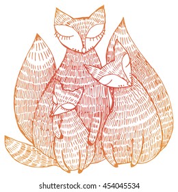 Stylized fox. Forest animals. Cute fox. Line art. Black and white drawing by hand. Graphic arts. Tattoo.