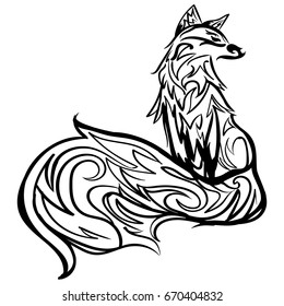 Stylized fox. Forest animals. Cute fox. Line art. Black and white drawing by hand. Graphic arts. Tattoo.