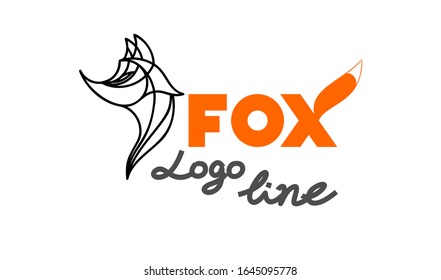 Stilvolles Fox-lineares Logo auf weißem und orangefarbenem Hintergrund, einzeln. Füchse für die Platzierung auf Corporate Identity, Logo, Symbol, Aufkleber, Symbole, Marke und Druck. Front View, Firmenbuchstaben, Schriftart, Buchstaben