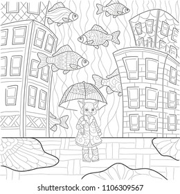 stylized fox in the rain with fishes