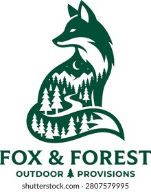 Stylized fox silhouette filled with forest scenery and mountains, symbolizing outdoor adventure