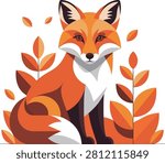 Stylized fox sitting among autumn leaves fall season harvest