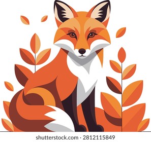Stylized fox sitting among autumn leaves fall season harvest