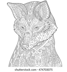 Stylized fox (wolf or dog), isolated on white background. Freehand sketch for adult anti stress coloring book page with doodle and zentangle elements.