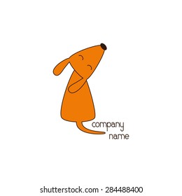 Stylized foxy colored dog sitting with its head up, closes eyes and curled tail and lettering company name near it isolated on white background. Logo template. Design element