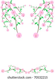 Stylized frame consisting of the branches of the wild pink cherry blossoms and ladybugs dew