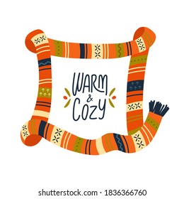 Marco estilizado. Escarcha caliente dibujada a mano con ornamento escandinavo y letras: Cálido y acogedor. Simple caricatura de estilo plano. Ilustración vectorial aislada para invitación, tarjeta, afiche, etiqueta.