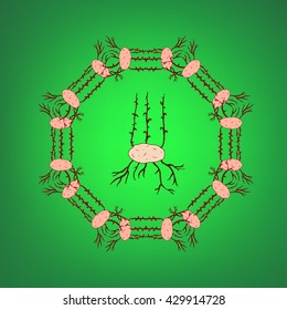 Stylized frame with potatoes on abstract green blured background. Vector illustration.