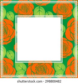 Stylized frame with red roses on a green background.