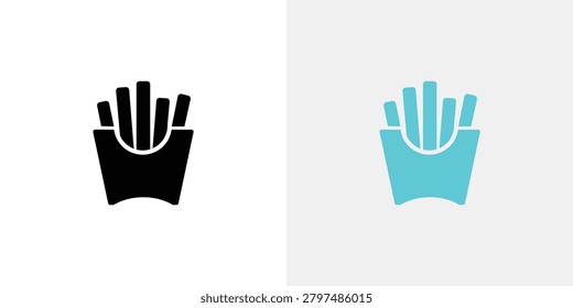Stylized French fries icon shown with a hand holding them in black and turquoise colors ideal for food and dining graphics
