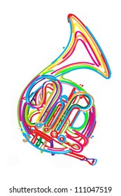 Stylized french horn against white background.