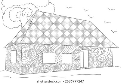 Stylized French House Line Art for Coloring, Detailed line art illustration of a house with decorative patterns on roof and walls, suitable for coloring book pages or design element. Black and white