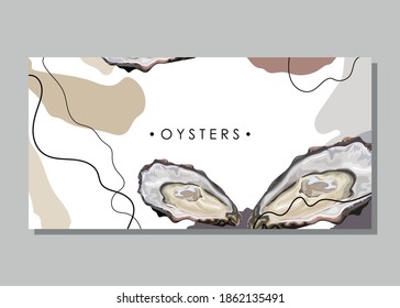 Stylized fresh oysters on an abstract background. Trendy seafood. Oyster shell. Banner, poster, wrapping paper, sticker, print, modern textile design. Vector illustration. 