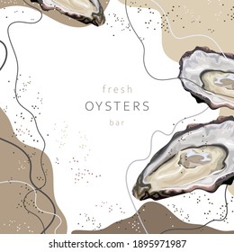 Stylized fresh oysters on an abstract background. Trendy seafood. Oyster shell. Banner, poster, wrapping paper, sticker, print, modern textile design. Vector illustration. 