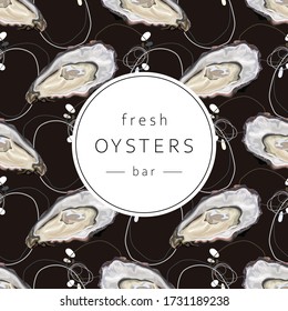 Stylized fresh oysters on a dark background. Trendy seafood. Oyster shell. Banner, poster, wrapping paper, sticker, print, modern textile design. Vector illustration. 