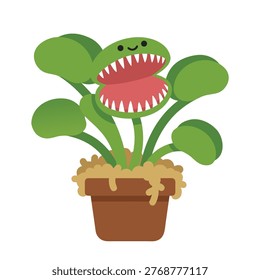 A stylized, friendly venus flytrap with a wide open mouth and sharp teeth, potted and ready to catch insects.