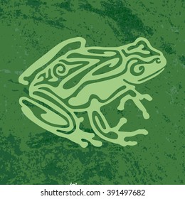 Stylized frog icon isolated on green background. Ornamental silhouette of a frog for tattoo and print. Toad image. Vector illustration