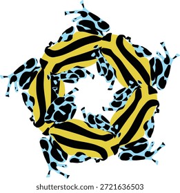 Ilustración de rana estilizada en movimiento circular, que simboliza la vida silvestre y la naturaleza.