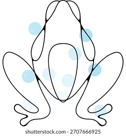 Contorno de ilustração de sapo estilizado com bolhas azuis suaves no fundo branco
