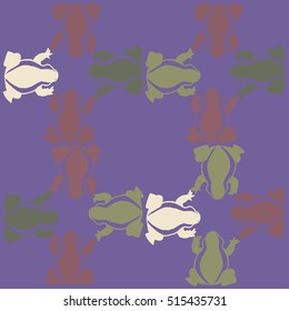 Stylized frogs on purple background. Toads seamless pattern. 