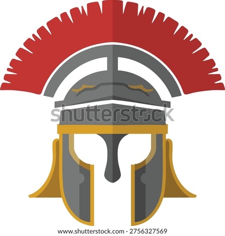 Stylized front view illustration of a classical soldier helmet with a tall red plume and protective cheek guards.