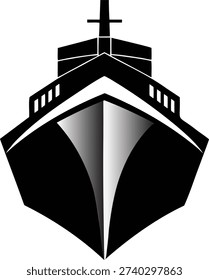 Stylized front view of a large ship's bow featuring a gradient on the hull and minimalist details representing maritime travel