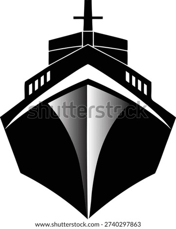Stylized front view of a large ship's bow featuring a gradient on the hull and minimalist details representing maritime travel
