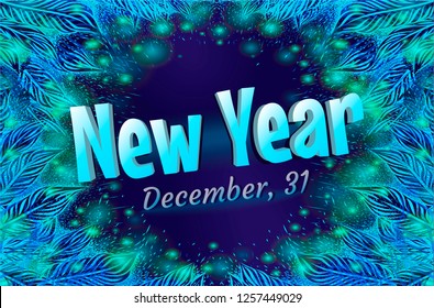 Stylized frosted window with text : New Year. December 31. Celebration poster. Black background with blue frosted pattern. 