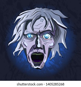 Stylized frosty dead with disheveled hair and blue glowing eyes screaming