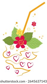 Stylized fruit cocktail with straw decorated with flowers and leaves. Vector isolated orange soft drink. Summer pineapple juice with strawberries. Cafe, restaurant, leisure design