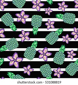 Stylized fruit and flower seamless pattern, abstract pineapple and flower vector illustration, flat style