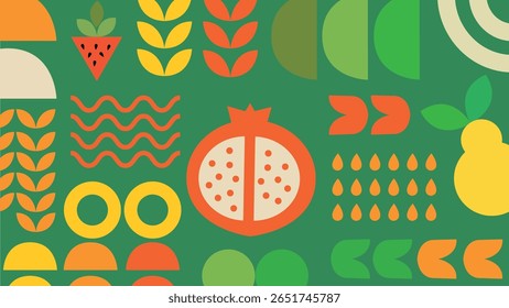 Stylized fruit and seed elements with red and yellow color tones, suitable for healthy eating and organic content.
