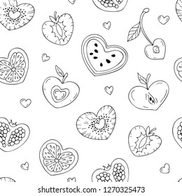 Stylized fruit in the shape of a heart. Seamless pattern of fruit, similar to hearts. Love of fruit. Valentine's day. Hand drawing.