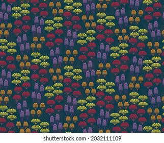 Stylized fruit trees alternate in an orchard of rolling hills. 