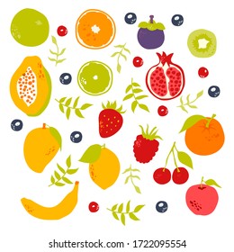 Stylized Fruits with Berries and Green Branches Vector Set. Bright and Juicy Summer Seasonal Nutrition with Pomegranate and Orange