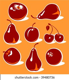 Stylized fruits set isolated on an orange background.