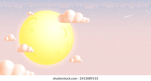 Luna llena estilizada con cráteres, nubes pastel suaves y estrellas brillantes en un cielo rosa sereno, ilustración vectorial 3d