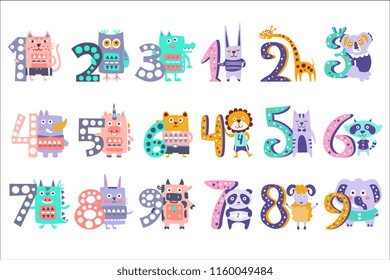 Stylized Funky Animals Standing Next To Digits Sticker Set