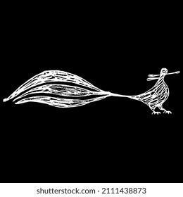 Stylized funny bird with bushy tail. Native American folk art. Ethnic animal pottery design of Acoma Pueblo Indians. Hand drawn linear doodle rough sketch. White silhouette on black background.