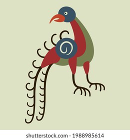 Stylized funny bird. Folk style. Medieval Russian animal motif.
