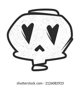 Stylized funny black and white splattered skull with heart shaped eyes in punk rock style, tattoo design