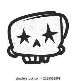 Stylized funny black and white spotted toothless skull silhouette with star-shaped eyes, teeth. Design for tattoo