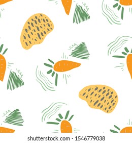 Stylized funny carrot seamless pattern. Decorative background with bright vegetables and abstract doodles