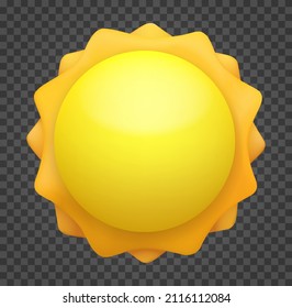 Stylized funny cartoon vector sun isolated on transparent background. Children clay, plastic or soft toy. Colorful design element. Realistic 3d illustration.