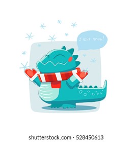 Stylized funny dinosaur. He enjoys the snow.  Vector illustration. 